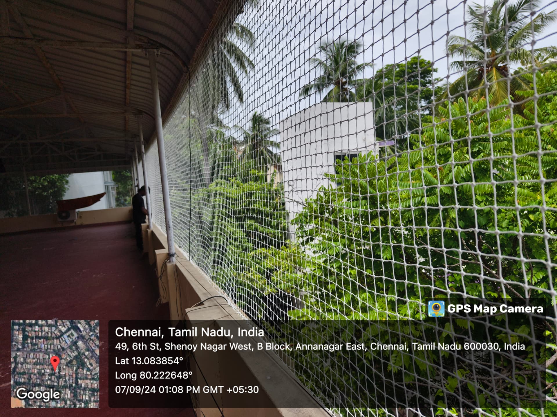 Pigeon net along a covered veranda — general real YPL pigeon-net work in Chennai, property not identified