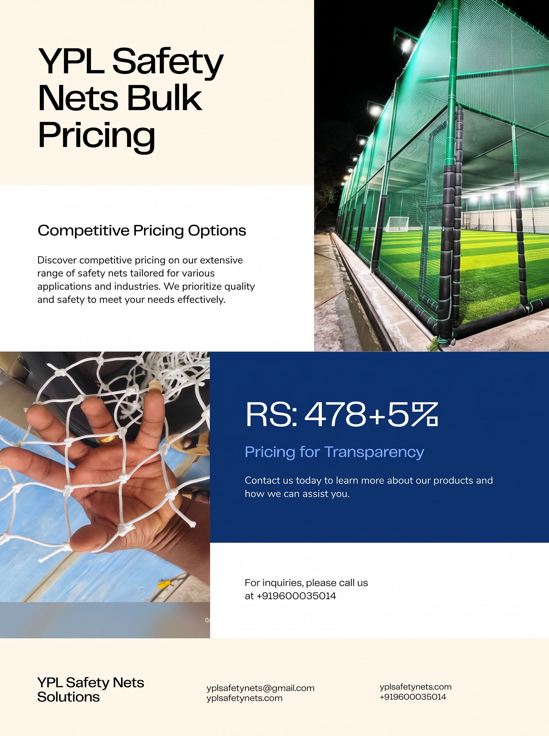 YPL Safety Nets bulk pricing YPL Safety Nets bulk pricing flyer – sports turf net enclosure and white knotted net, Chennai