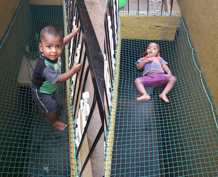 Owner-supplied photo collage showing horizontal netting. This is not a recommended activity or proof of a safe load rating. Do not climb, sit, lie or play on nets. Property not identified.