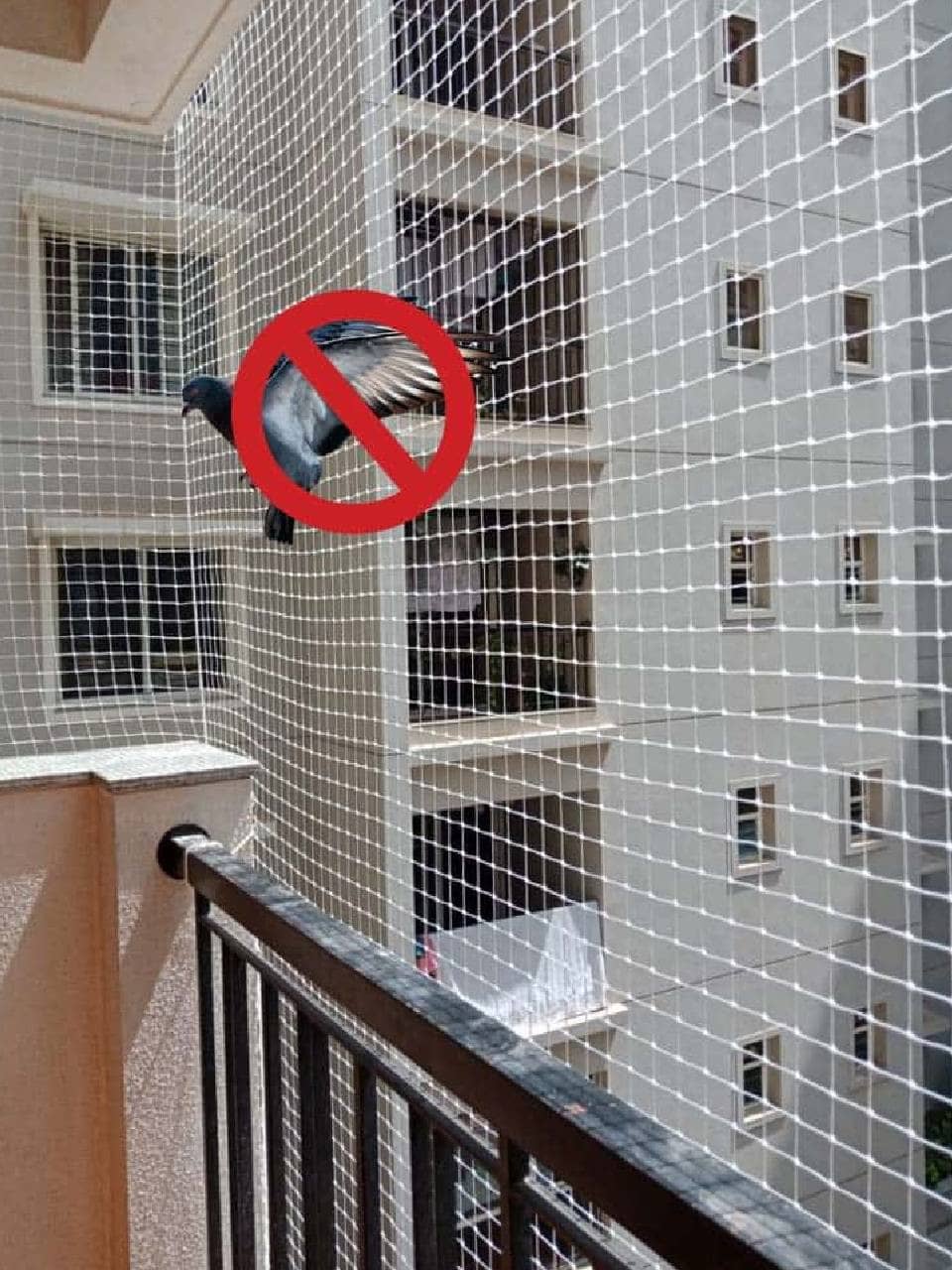 Pigeon net installed across a balcony and facade in Pallikaranai to stop birds nesting