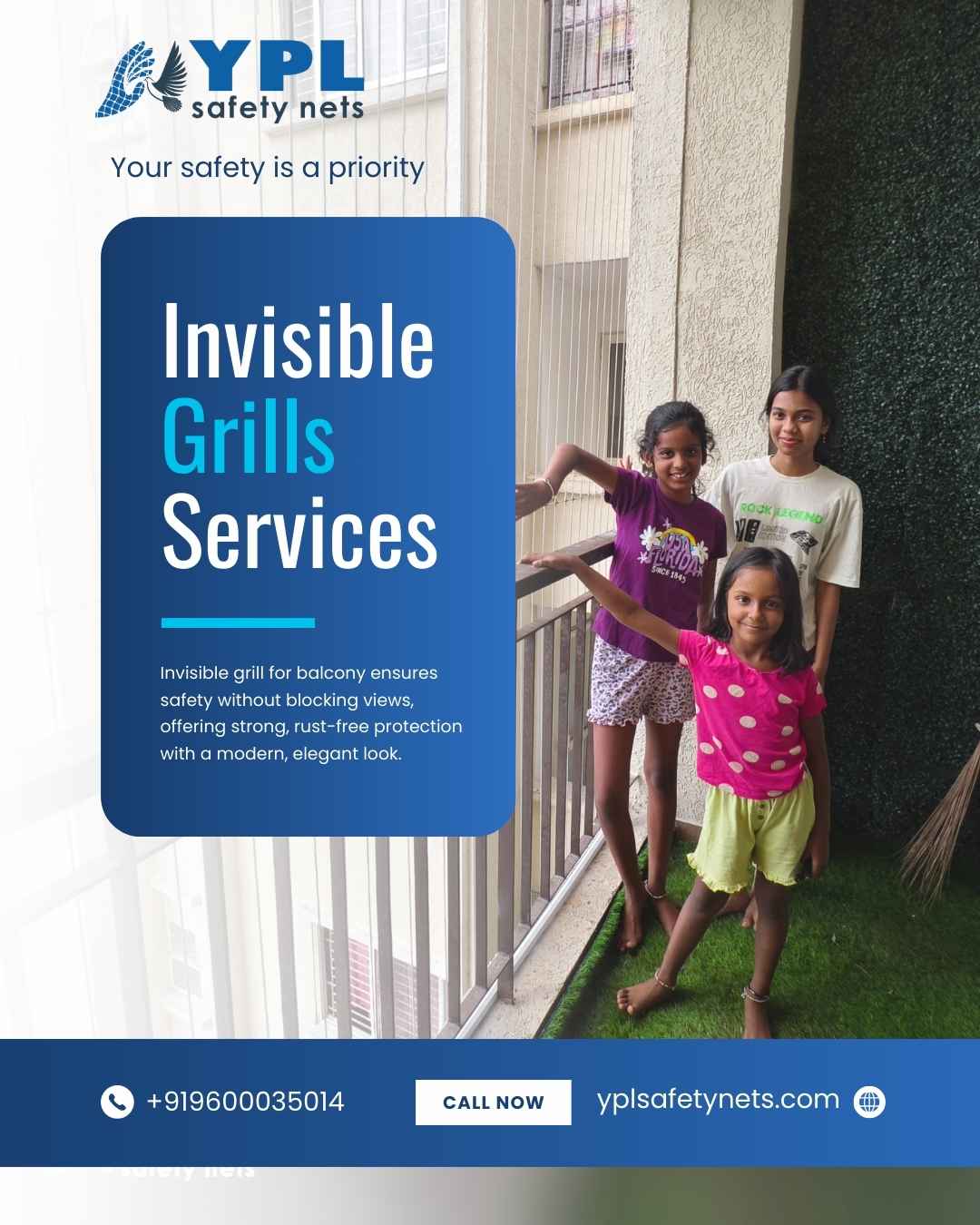 SS 316 invisible grill installed on a modern apartment balcony in Pallikaranai by YPL Safety Nets