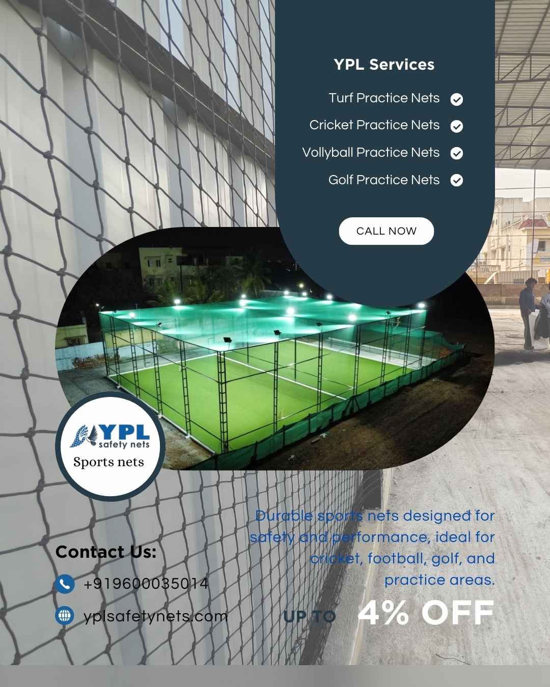 Cricket practice net cage with green turf nets installed by YPL Safety Nets Pallikaranai
