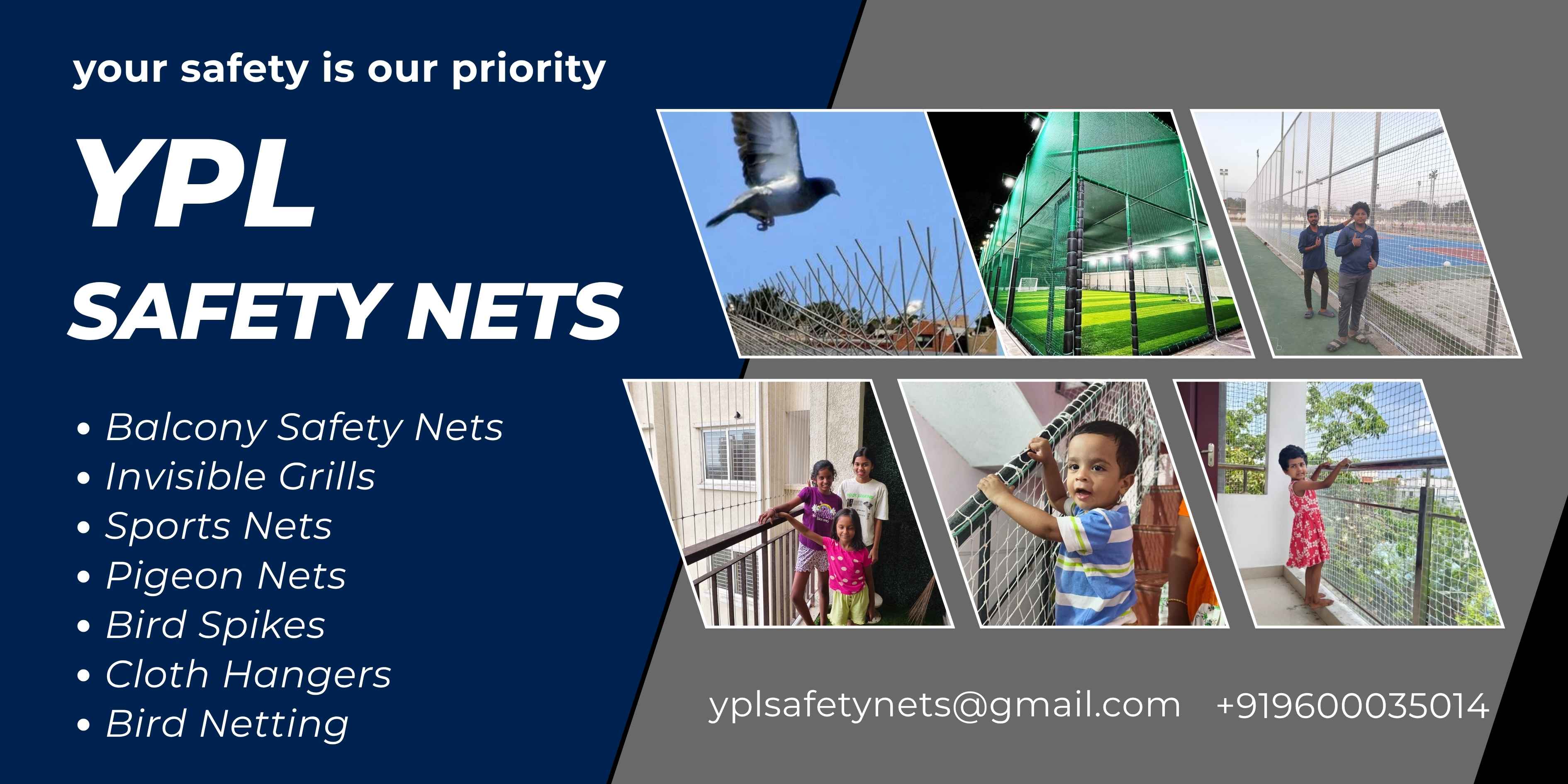 YPL Safety Nets Pallikaranai sales warehouse displaying safety net rolls, fittings and installation samples