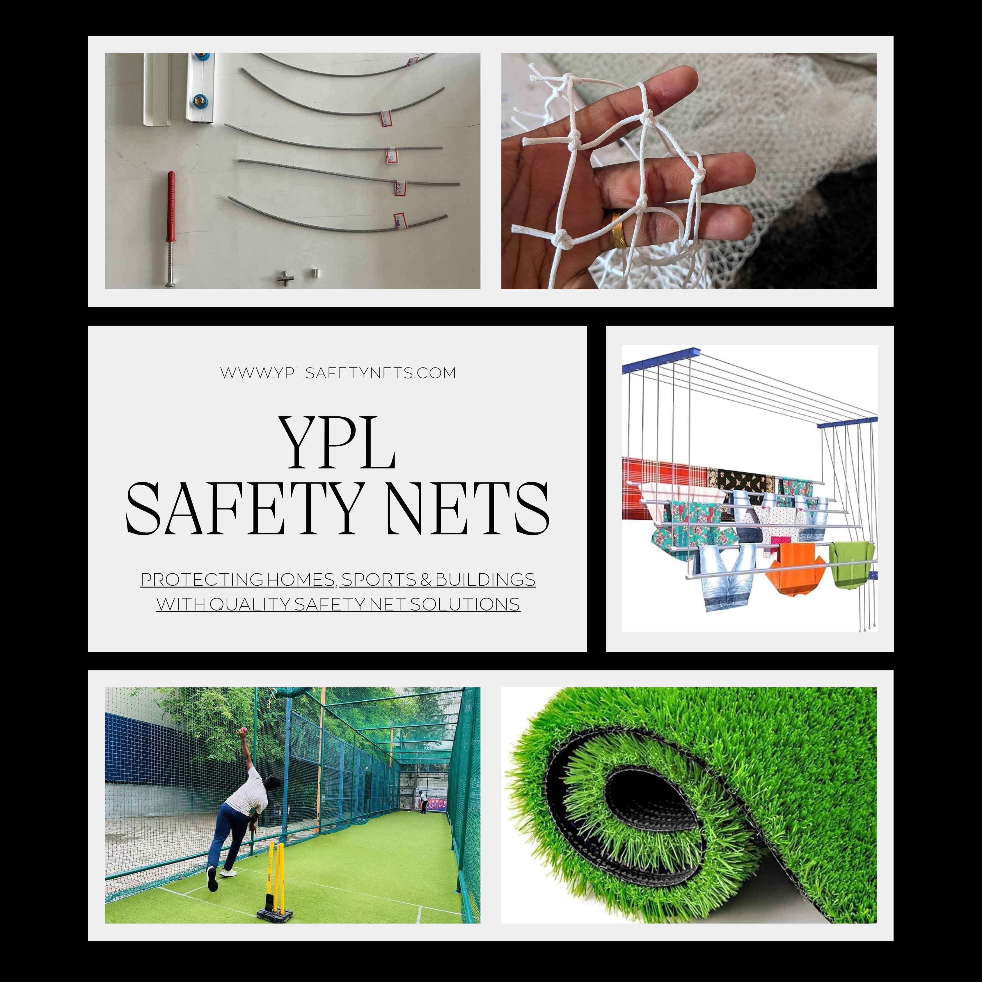 YPL Safety Nets products collage showing green net mesh, fittings and hardware samples