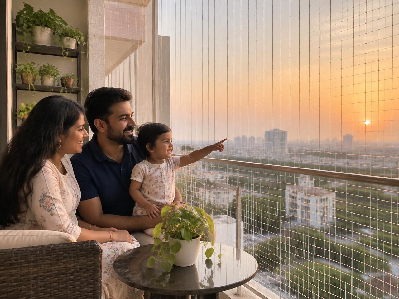 Family on balcony with safety nets in Chennai - YPL Safety Nets
