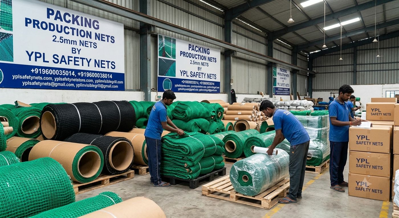 Packing Production Nets 2.5mm rolls at YPL Safety Nets unit, Chennai